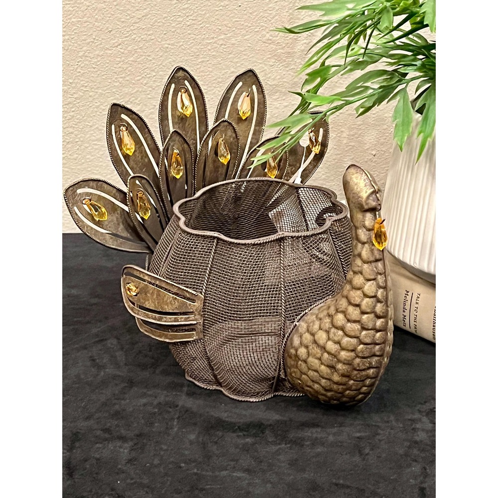 Vintage 2003 Metal Turkey Candle Holder Thanksgiving Fall Decor Amber Jewels